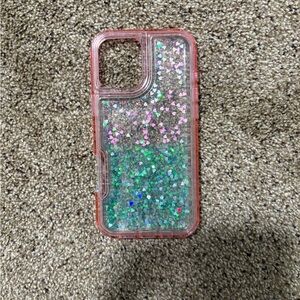 Pink Glitter Liquid Phone Case with Heart Confetti iPhone 16 plus case